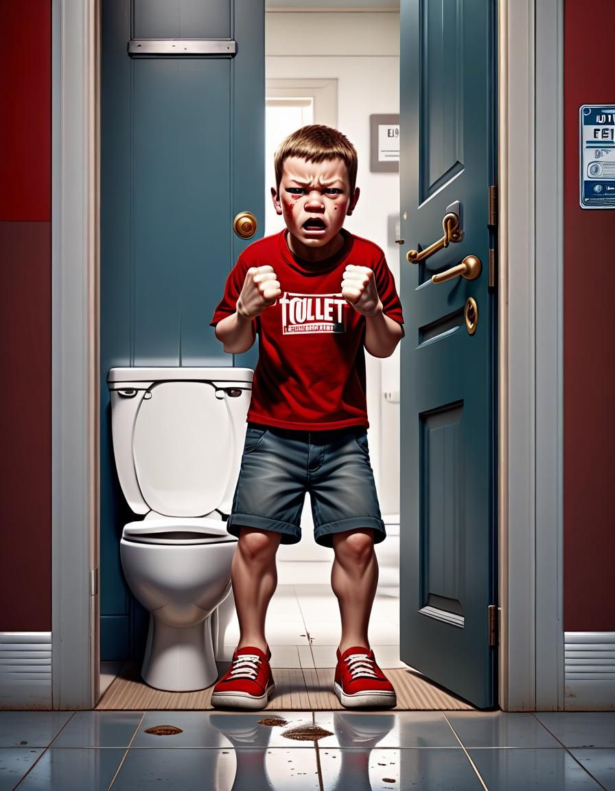 Frustrated Toddler Before Toilet Door, Hyperrealistic Matte ...