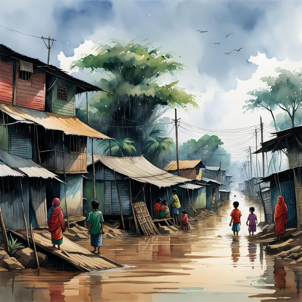 Bangladesh Monsoon Flood in Watercolor Style