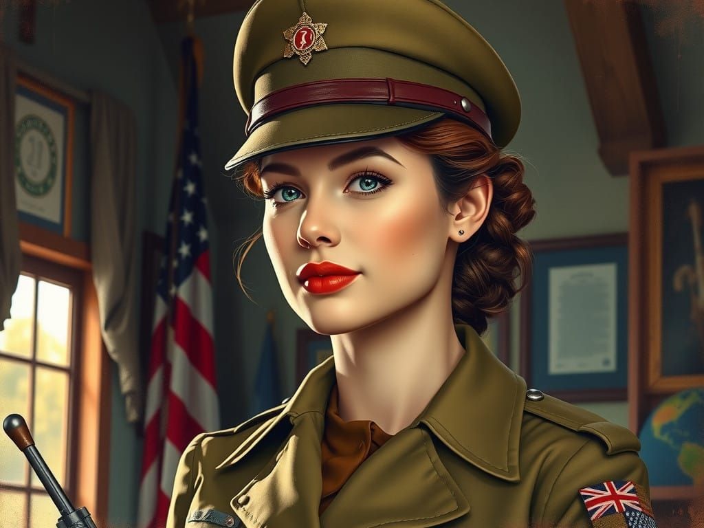 Woman in Khaki Dress Uniform, 1940s Military Style