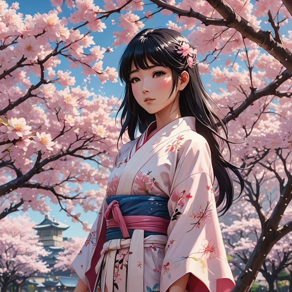 Japanese Girl in Kimono by Cherry Blossom Tree