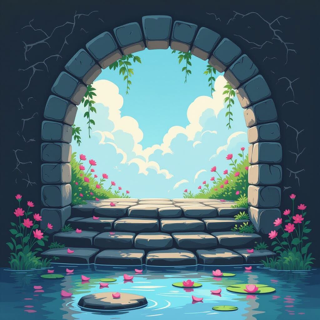Chalkboard Sketch of Submerged Stone Arch Garden