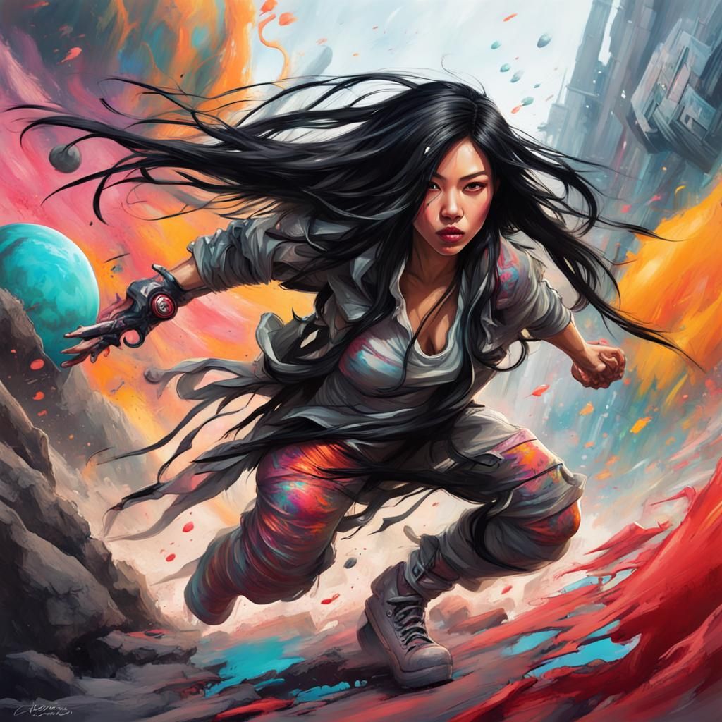 Asian Assassin on Alien Planet in Graffiti Style