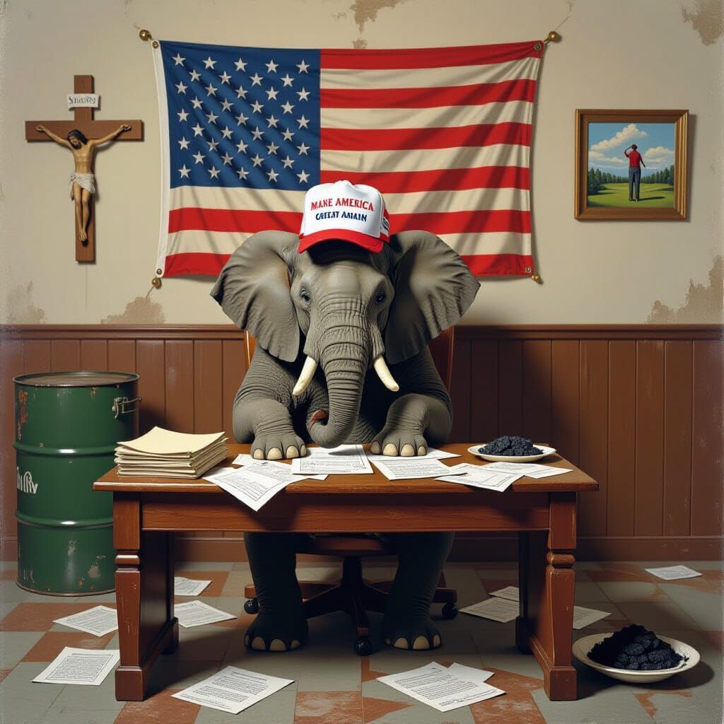 Satirical Elephant Politician at Desk in Folk Art Style