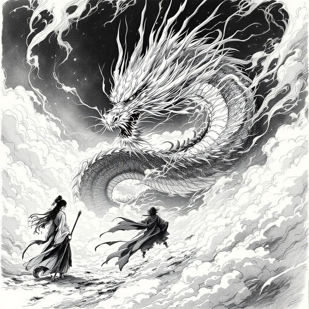 Monochrome Dragon Fantasy in Traditional Style