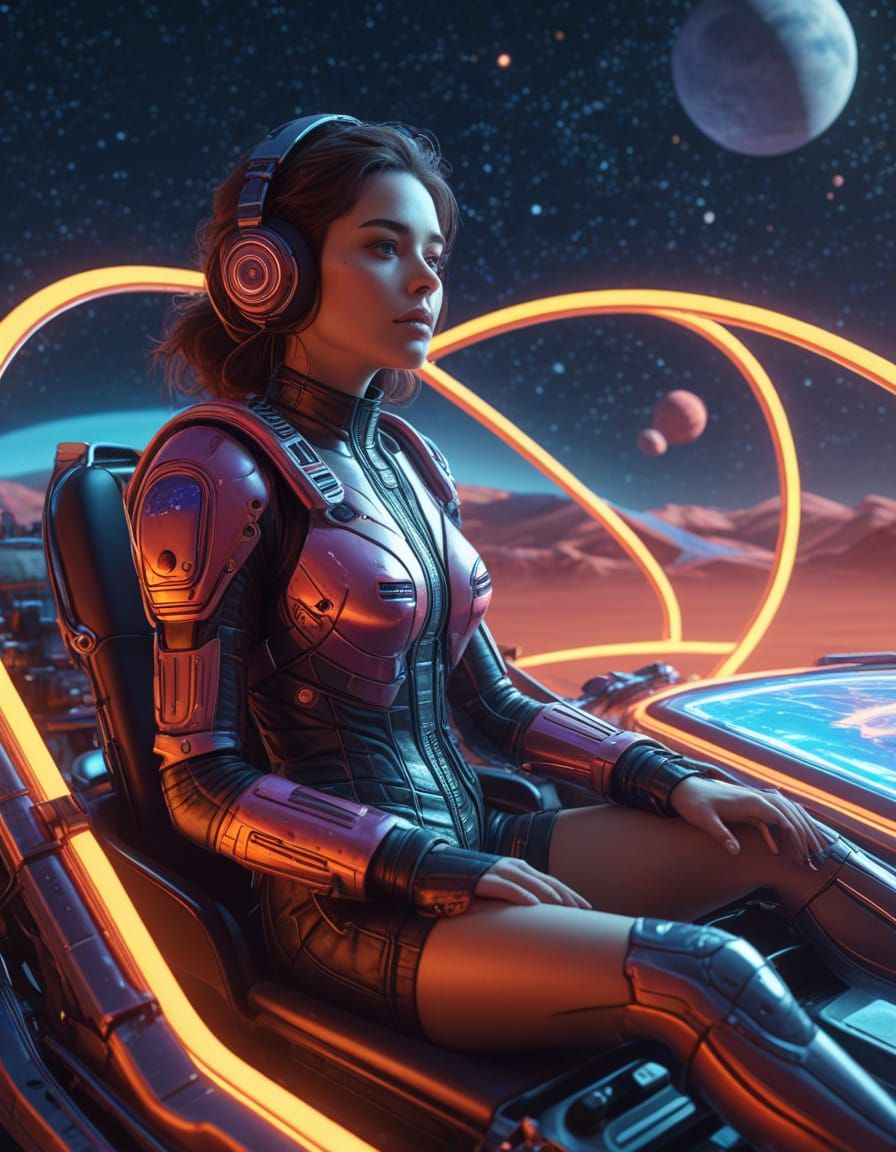 Woman on Space Hovercraft in Polychromatic Starry Sky