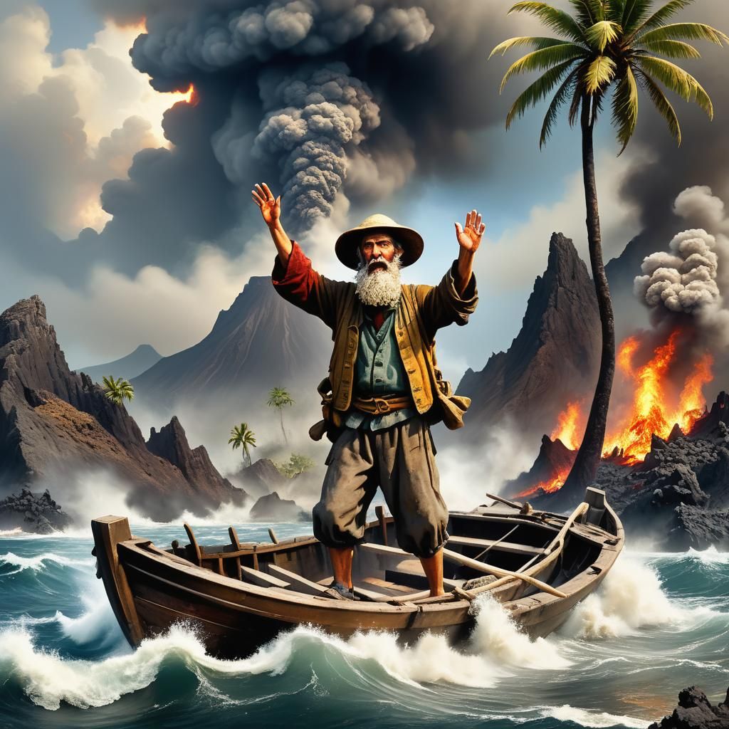 Fisherman Witnessing Krakatoa Eruption in Dramatic Style