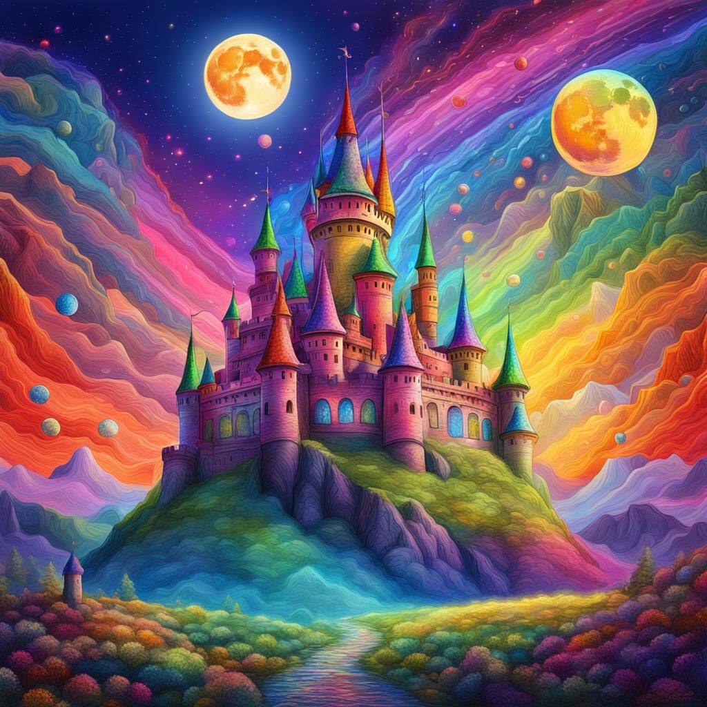 Rainbow Castle with Full Moon in Astral Art Style