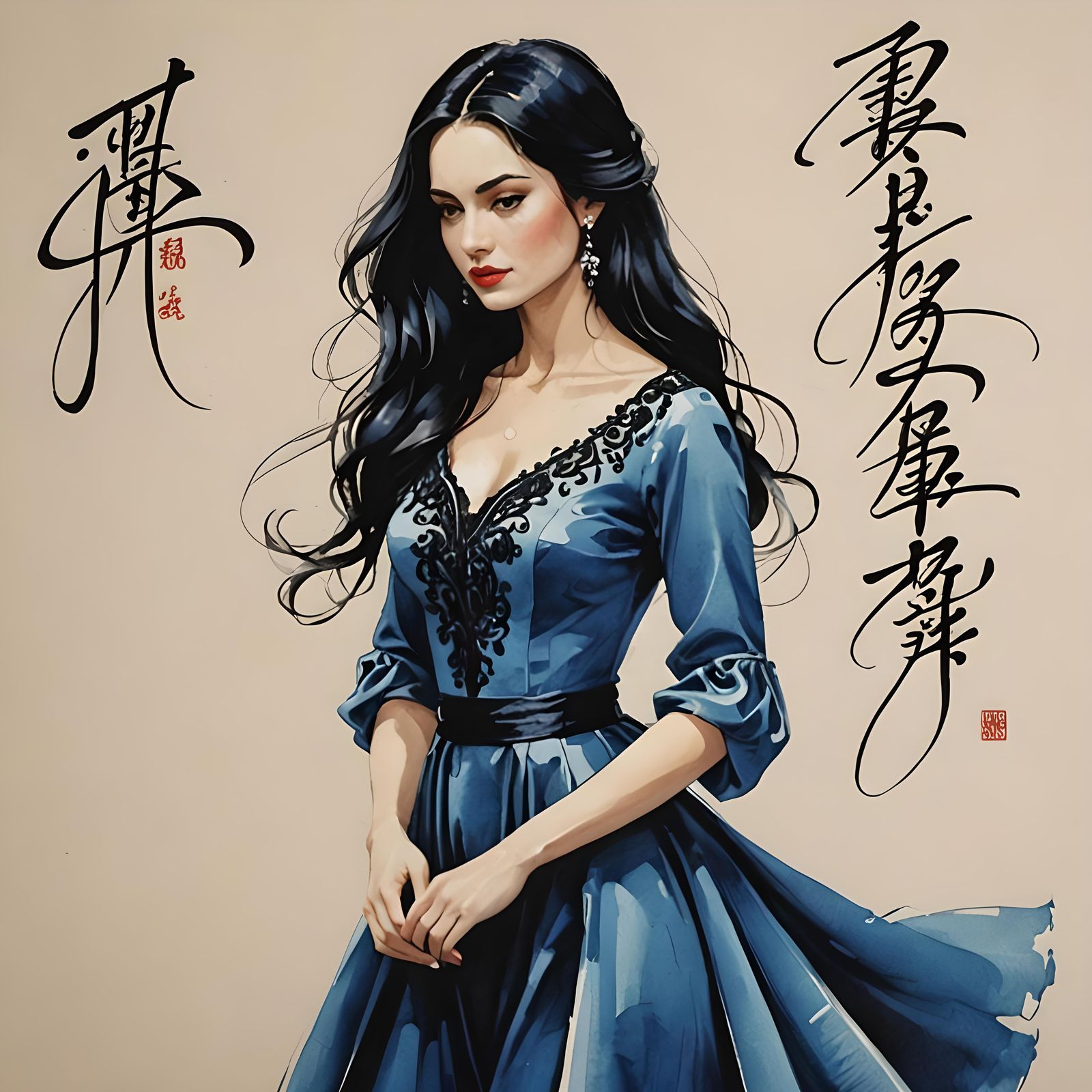 Calligraphic Portrait of a Lady in Blue
