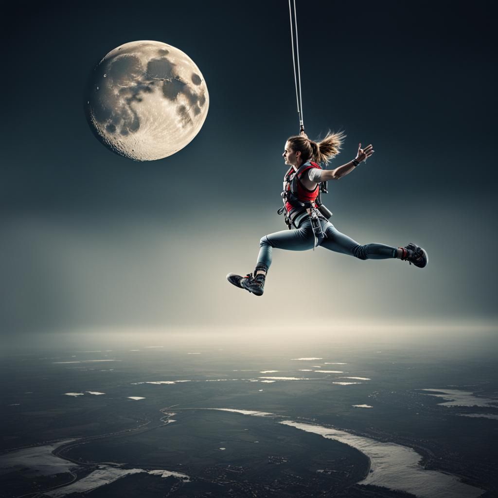 Woman Bungee Jumping off the Moon in HDR