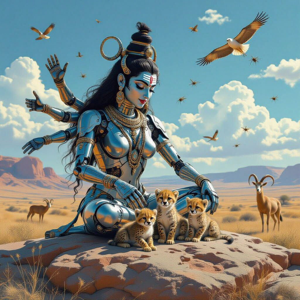 Futuristic Robot Mother Caring for Cheetah Cubs