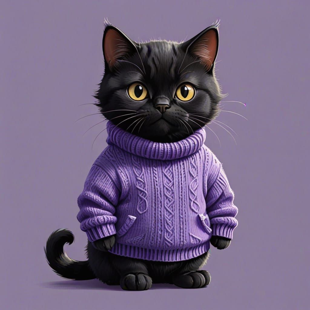 Whimsical Cartoon Feline in a Vibrant Purple Sweater