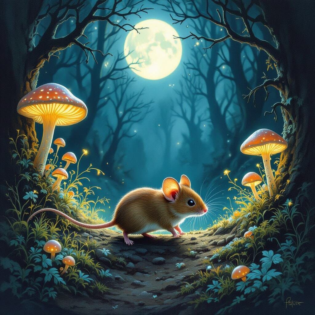 Ethereal Mouse in Moonlit Fantasy Forest