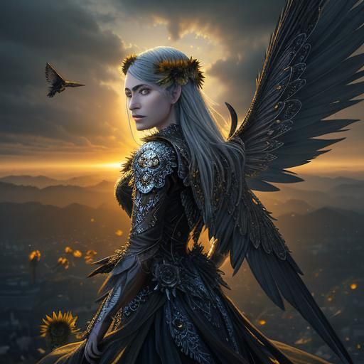 Fairy with Silver Wings on Sunflower at Sunset