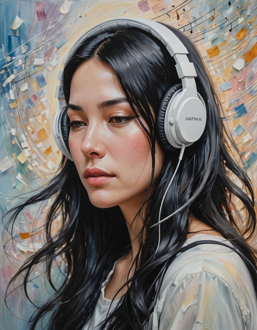 Dreamy Portrait with Headphones as Oil Painting