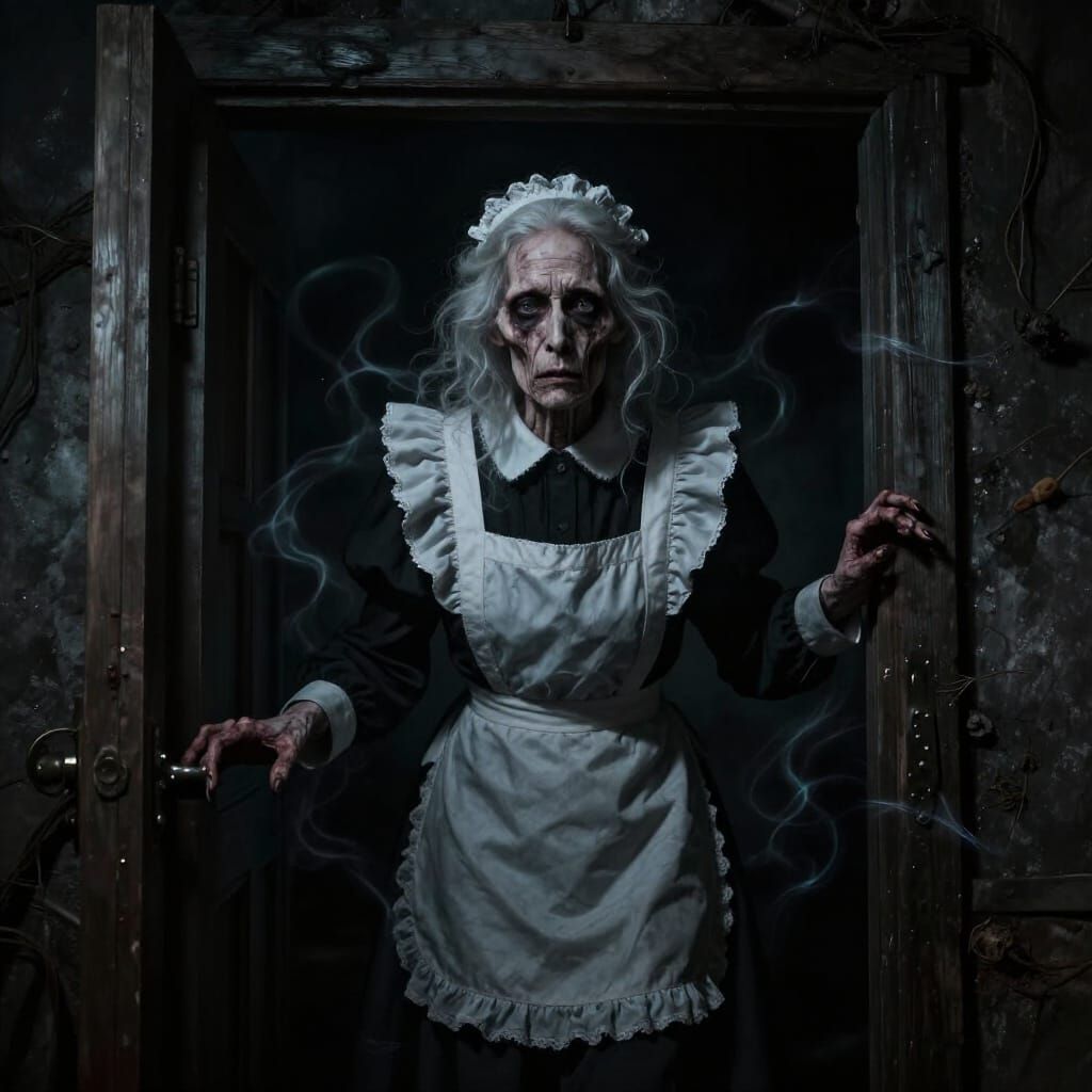 Ghostly Maid Stares from Dark Cellar Door