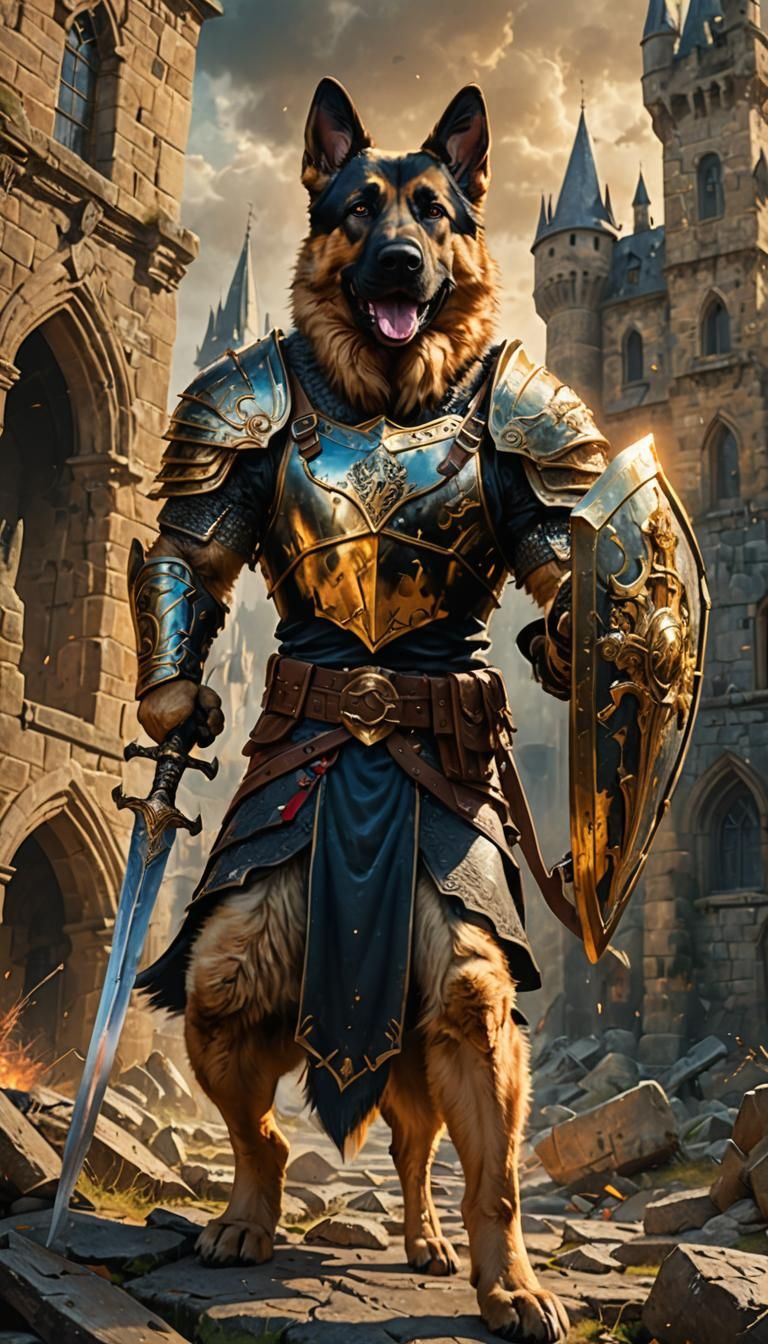 Warrior German Shepherd in Epic Fantasy Battle