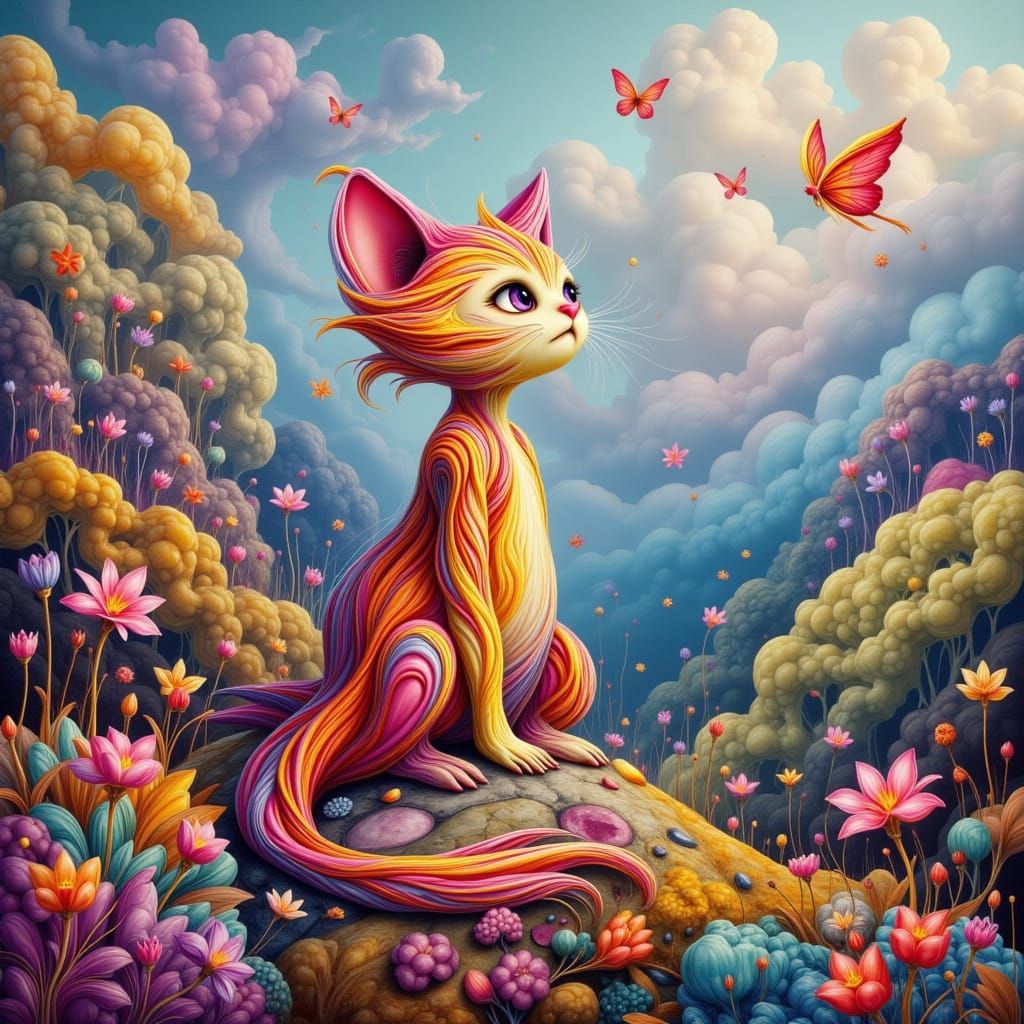Magical Cat in Colorful Floral Landscape