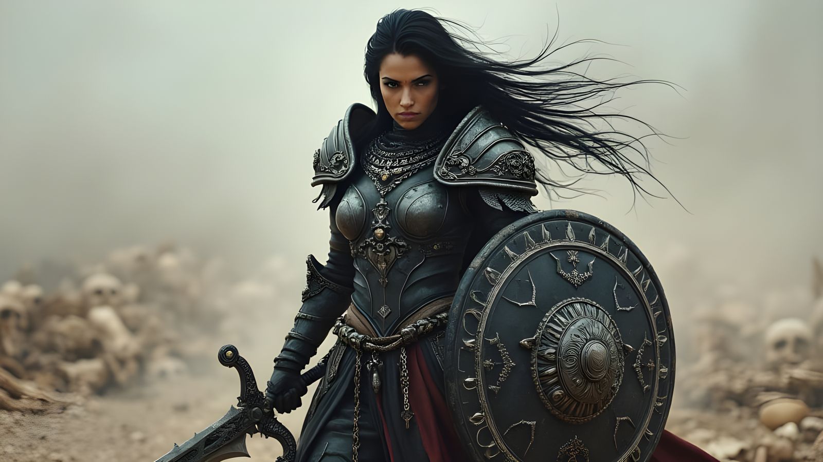 Dark Fantasy Warrior in Battle Armor, Exuding Strength and B...