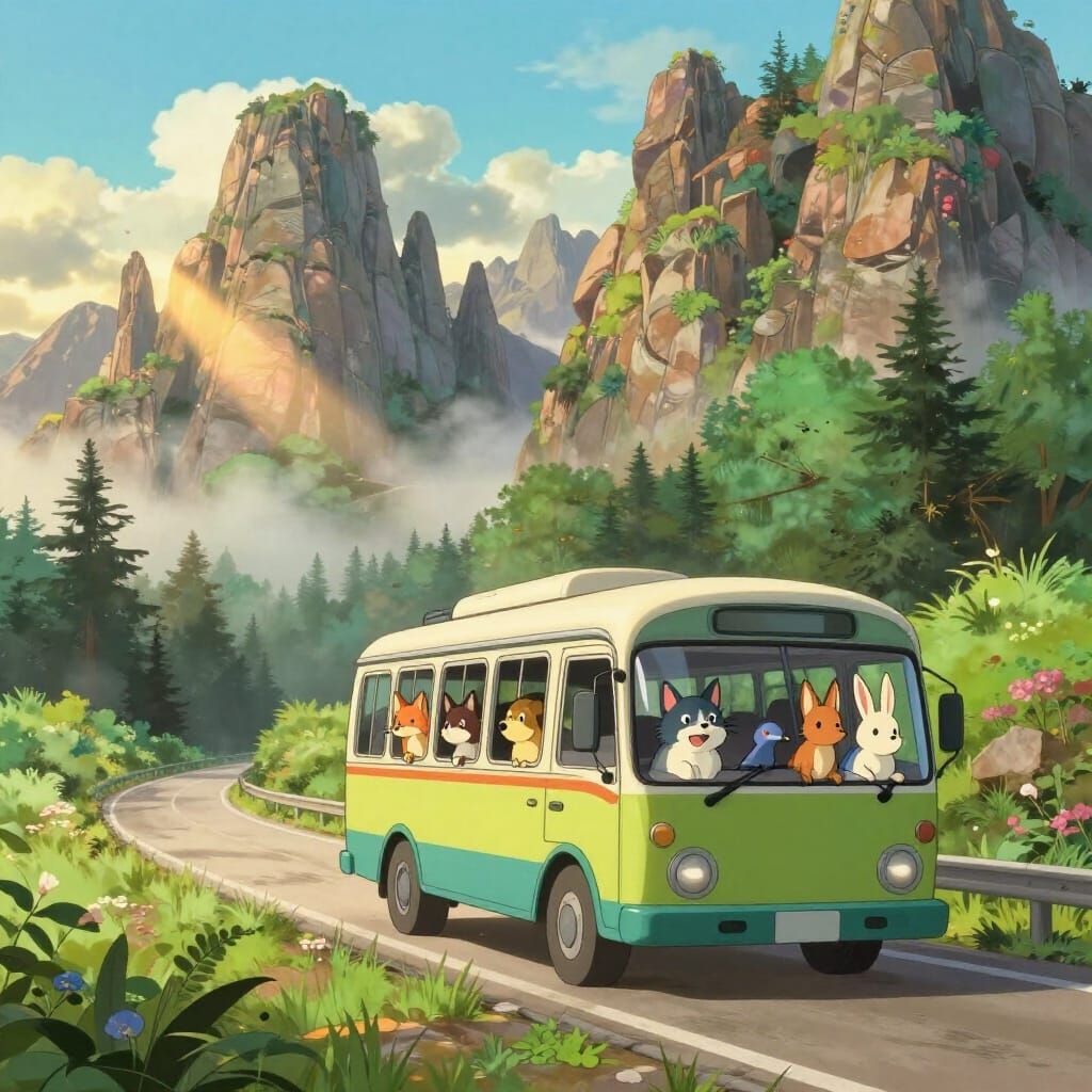 Whimsical Mountain Bus Adventure with Animals
