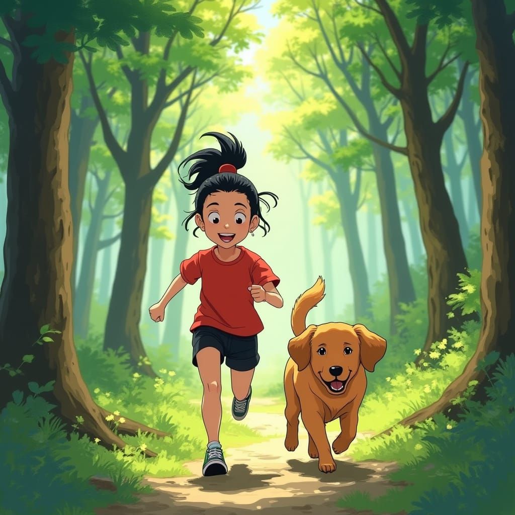 Little Girl Running with Golden Retriever in Whimsical Anime...
