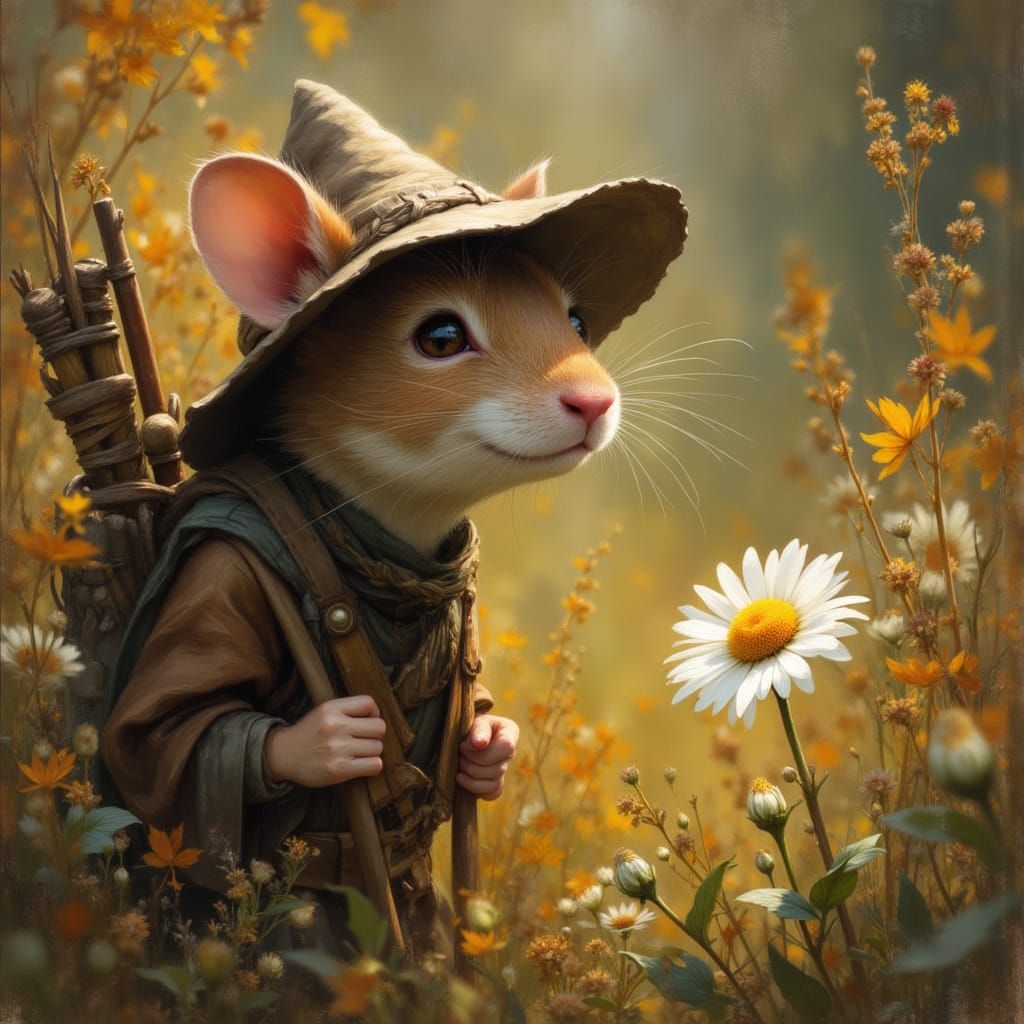 Mouse Pilgrim Admiring Daisy, Epic Lighting, in Oil Painting...