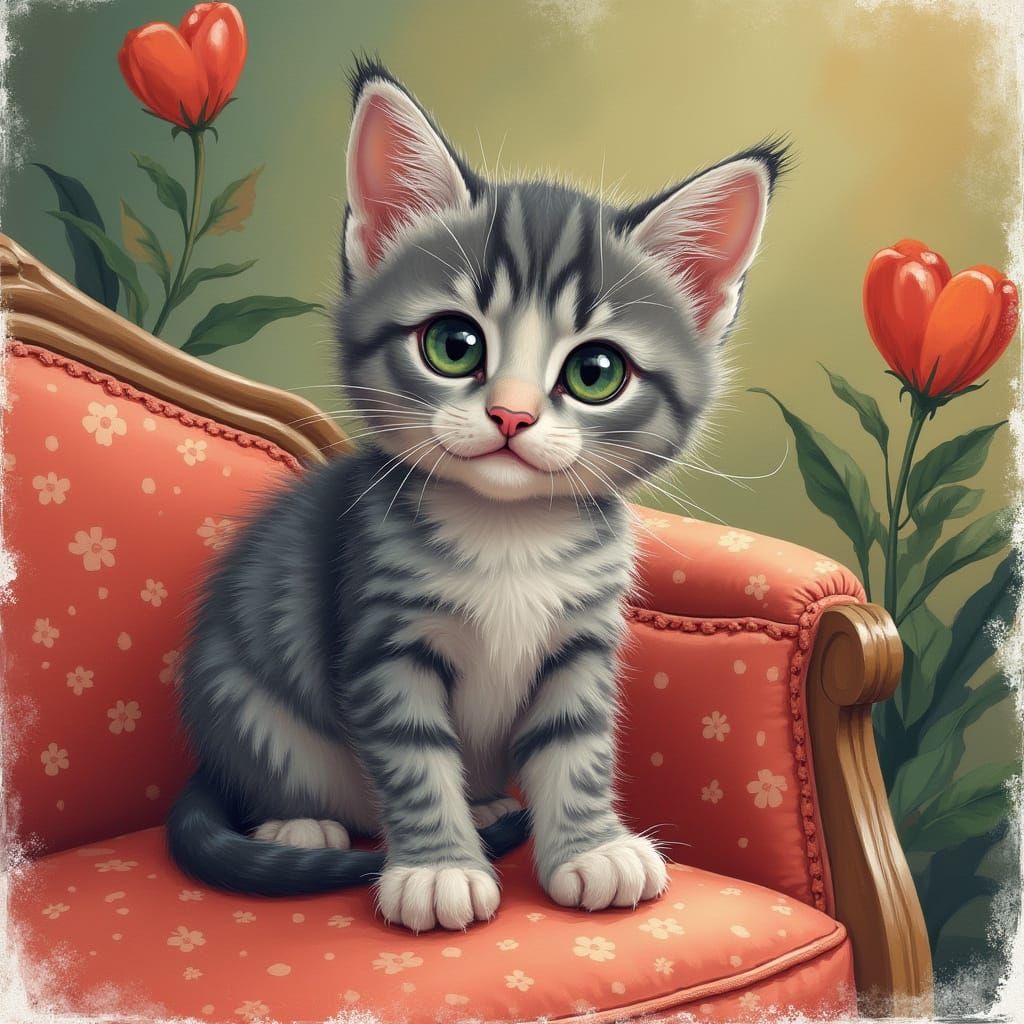 Gray Kitten Surrounded by Luxury in Whimsical Art Style