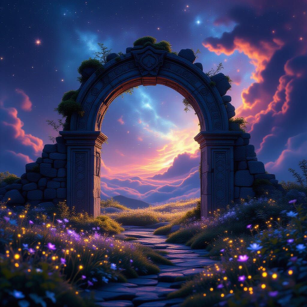 Ancient Stone Archway in Swirling Nebula, Bioluminescent Flo...