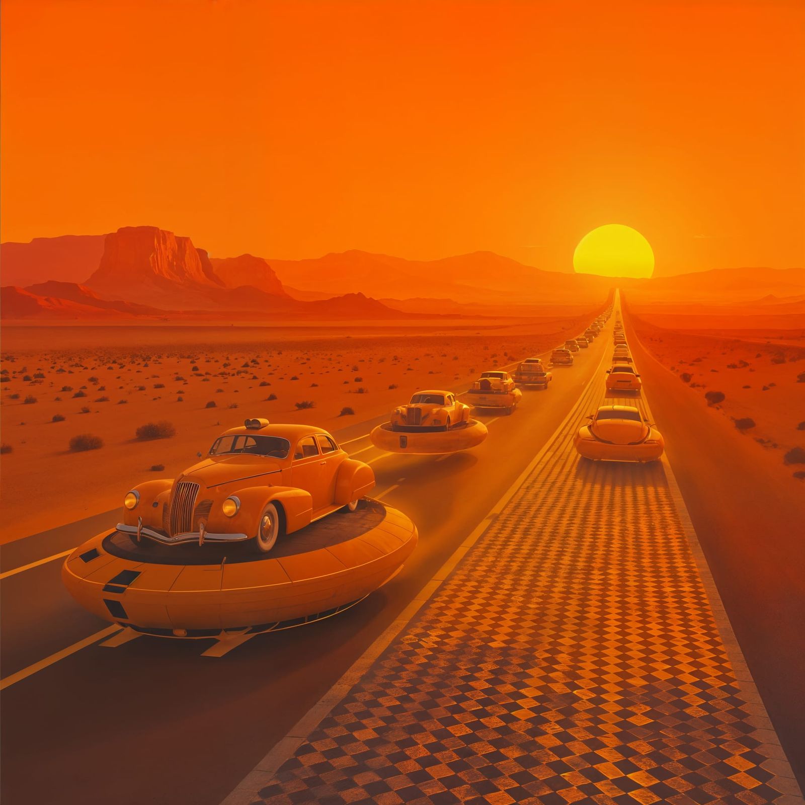 Retro Hovercrafts on Glowing Desert Highway