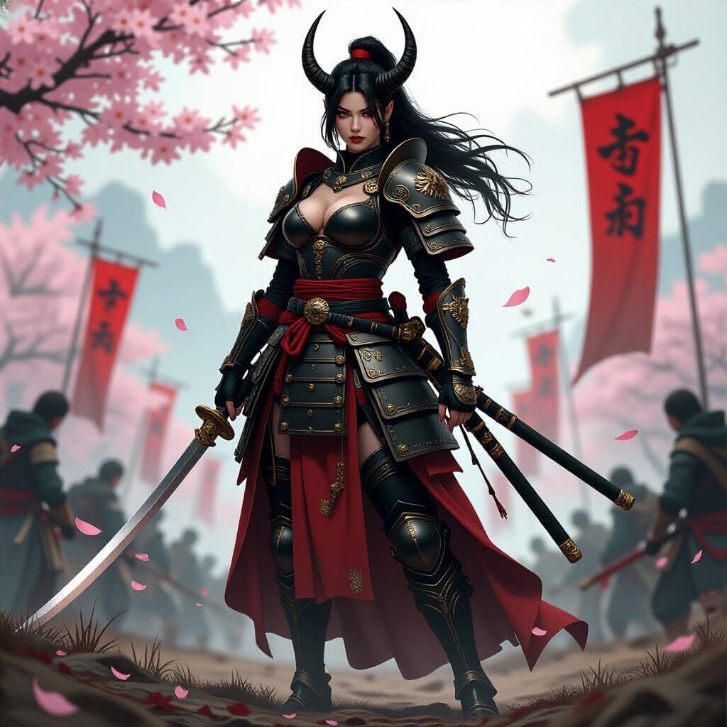Tiefling Samurai Warrior on Battlefield, Dark Fantasy Art