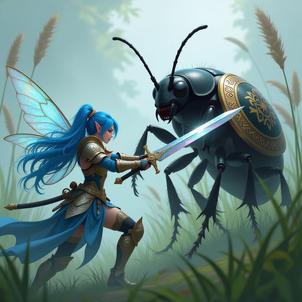 Fairy Warrior vs Beetle in Digital Fantasy Art