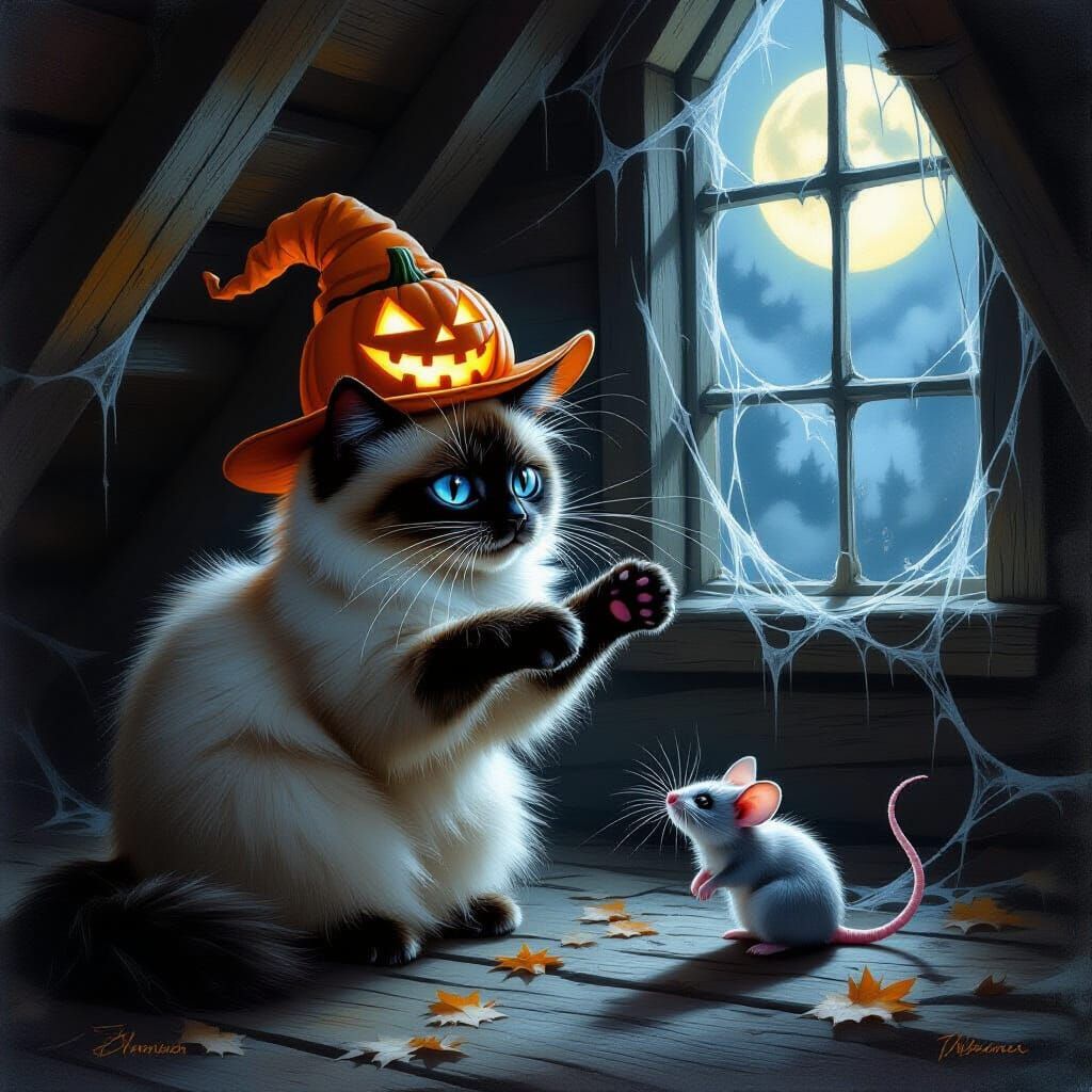 Siamese Cat Chases Ghost Mouse in Halloween Attic Oil Painti...