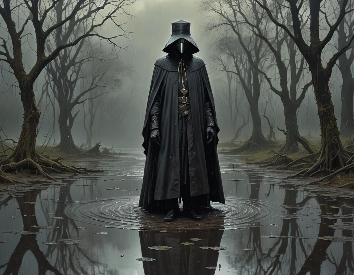 Mysterious Plague Doctor in a Rainy Reflection