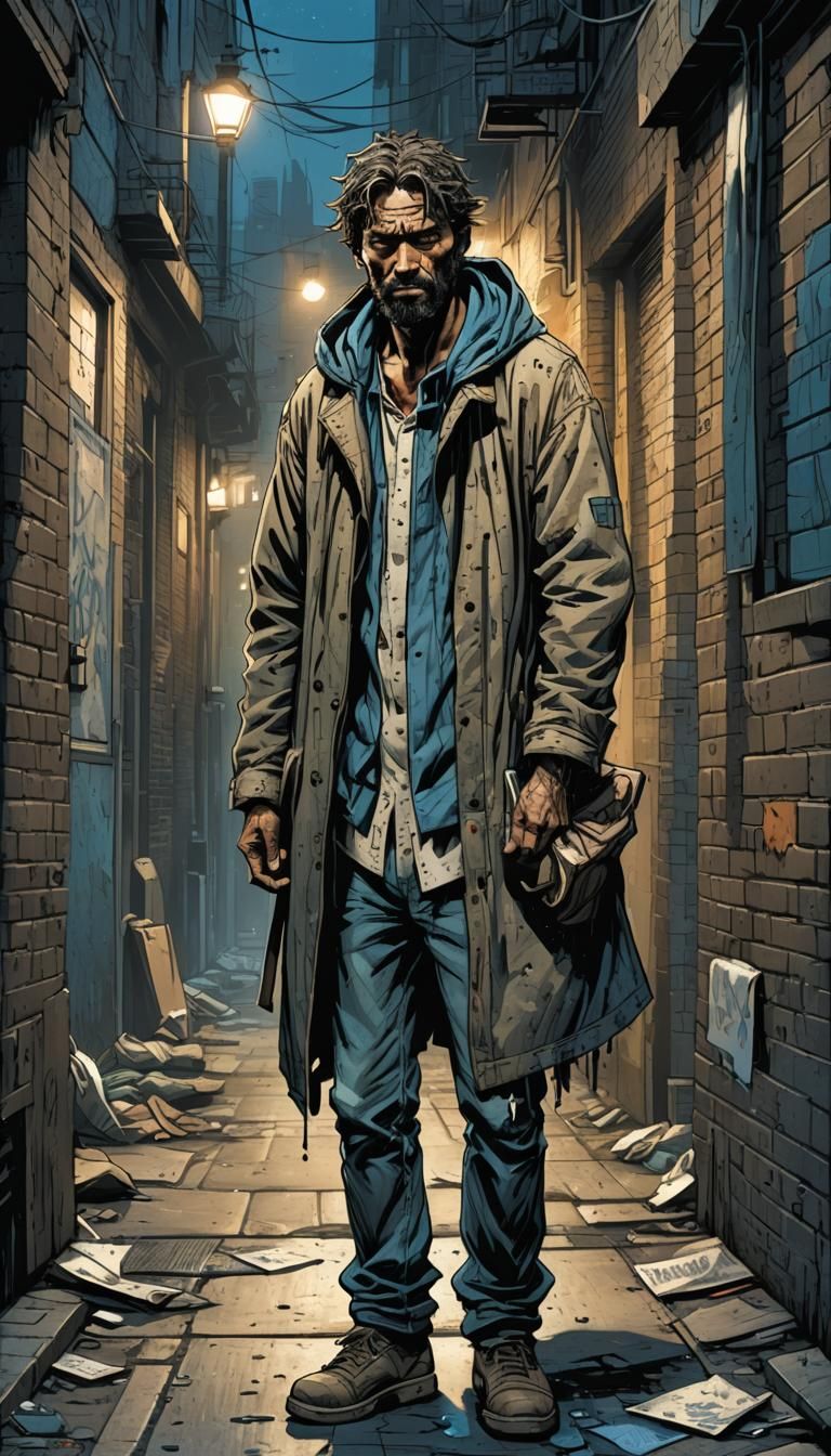 Homeless Man in Alleyway, Comic Book Illustration
