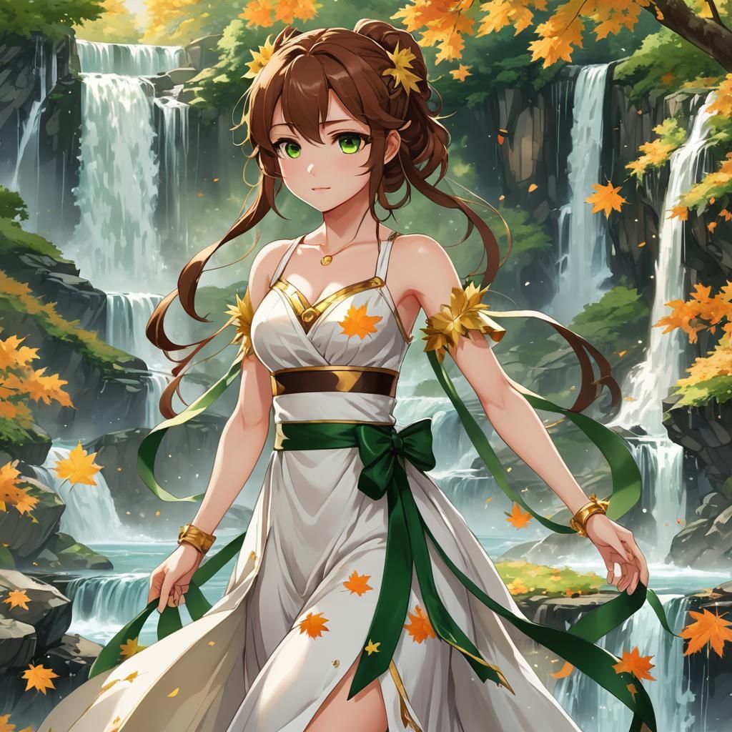 Anime Woman with Maple Leaves and Waterfall