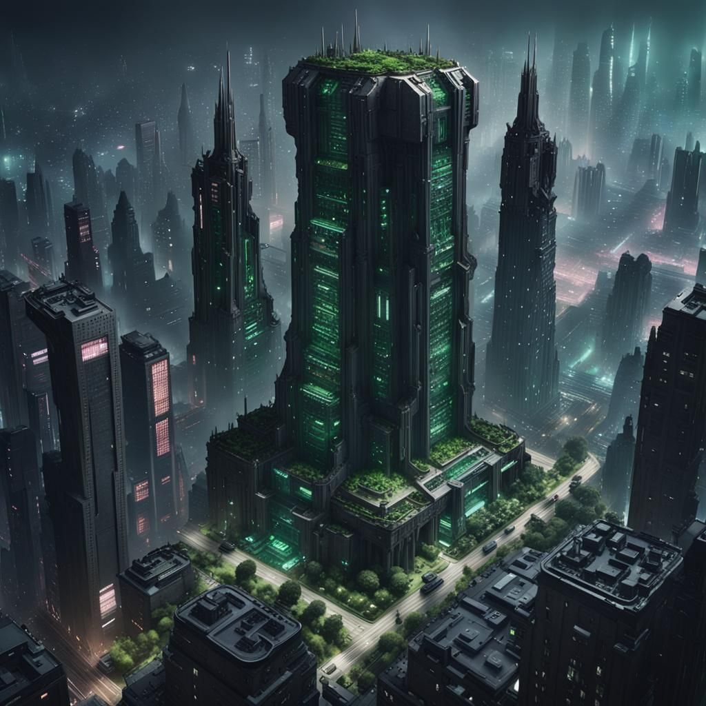 Cyberpunk Cityscape with Rooftop Garden