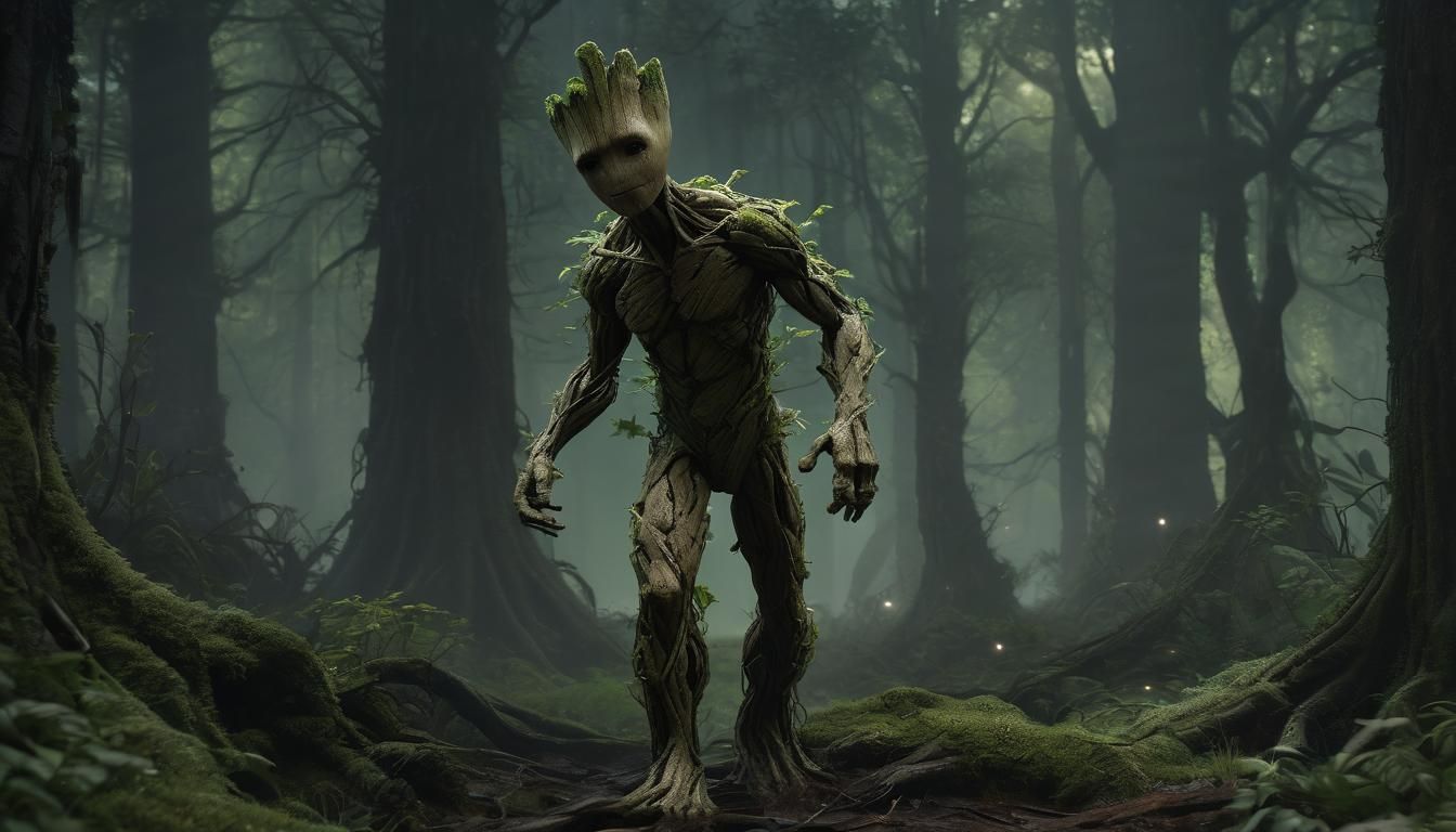 Groot Surrounded by Glowing Green Beetles in a Dark, Misty F...