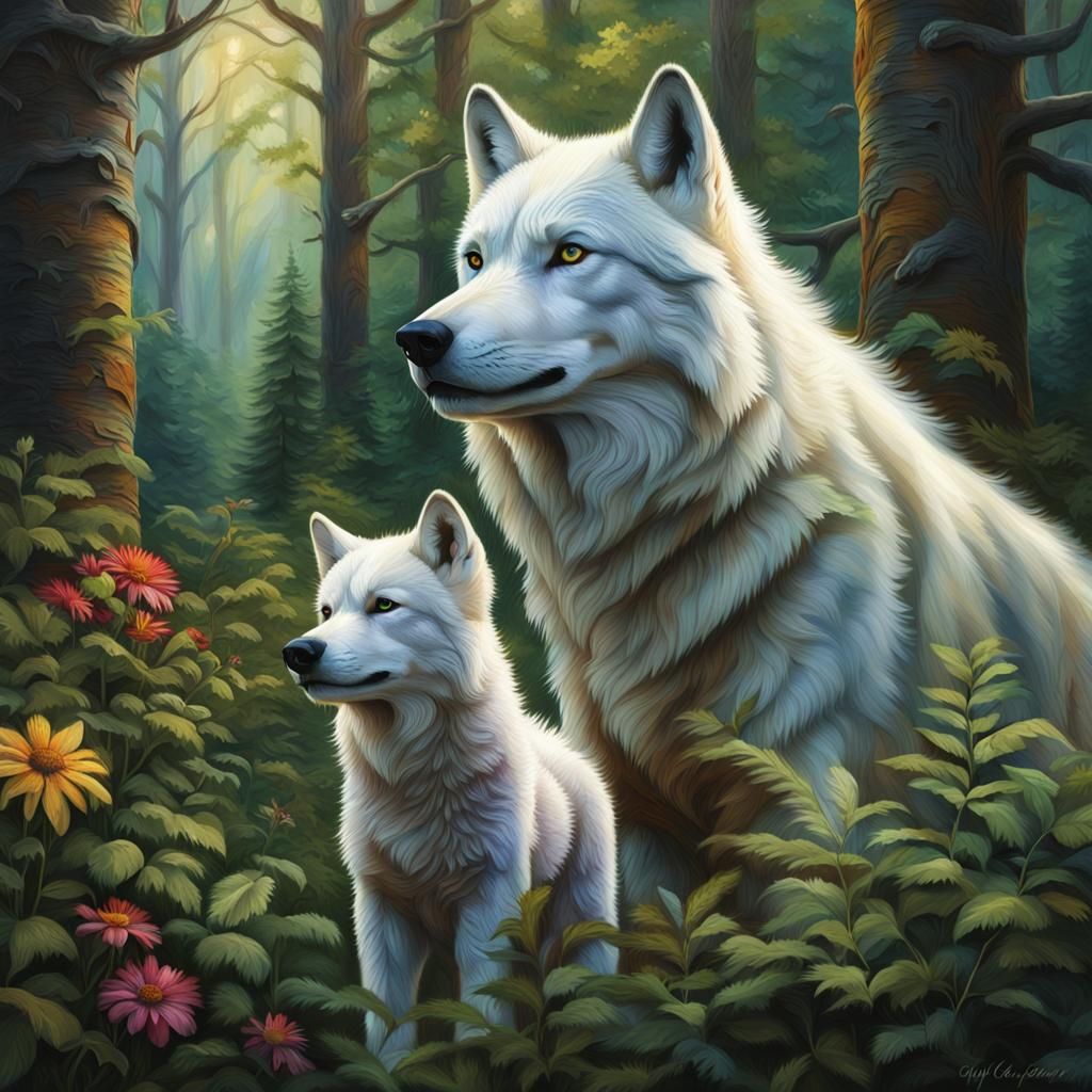 Majestic White Wolf Roams Lush Forest with Adorable Cub