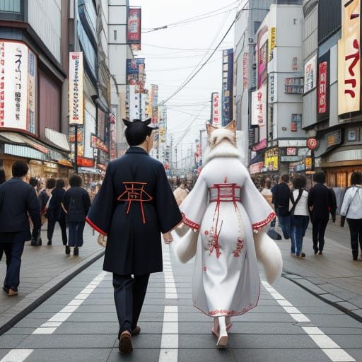 Whimsical Anime Needlepoint Couple Strolls Akihabara Streets