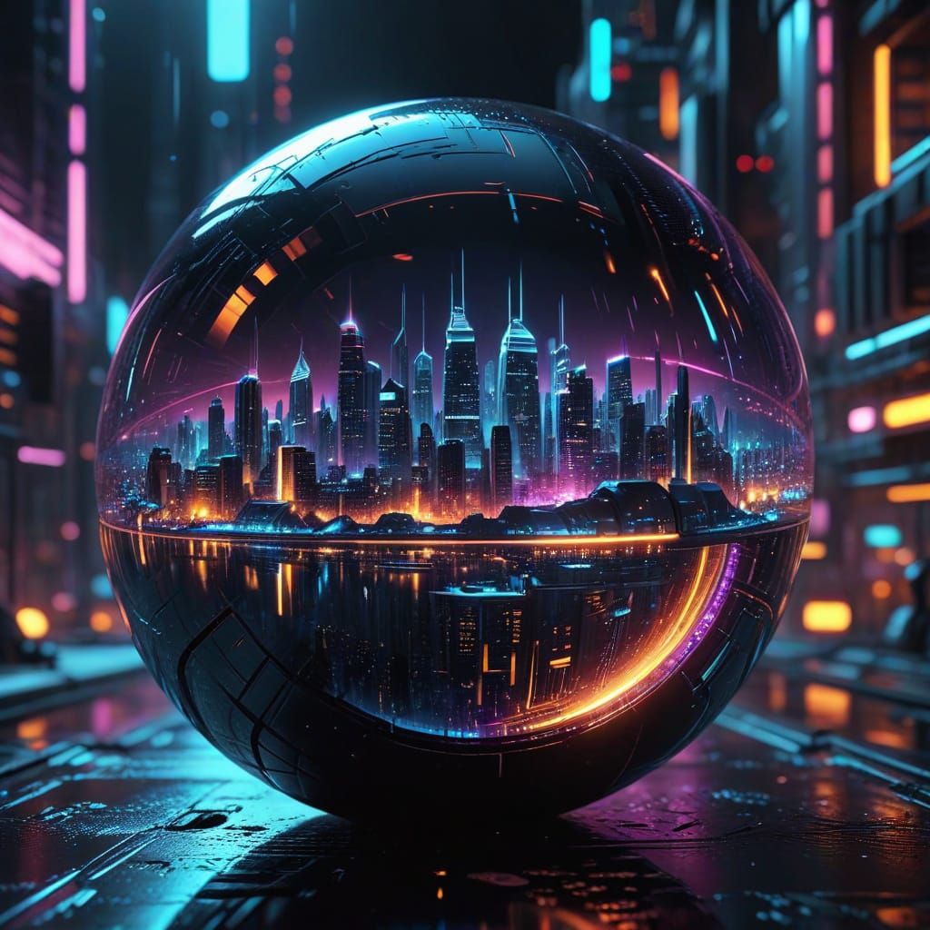 Futuristic City Reflected in Sphere: 3D Digital Art