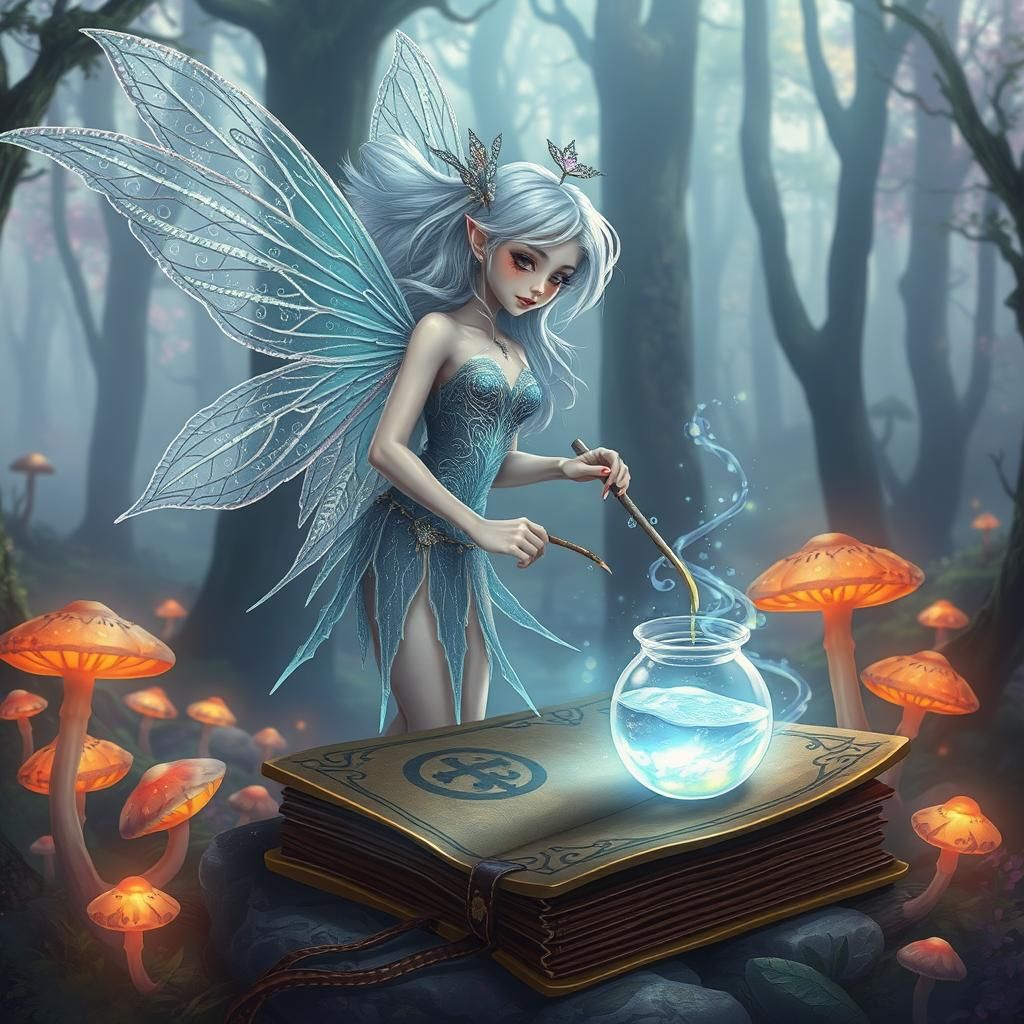 <lora:Lora5:1.0> Фея в чарівному лісі,варить чарівне зілля, ...