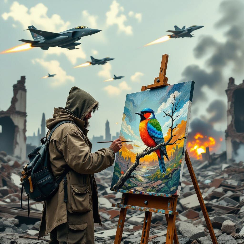 Artist Paints Bird Amidst War, Dark Realism Style