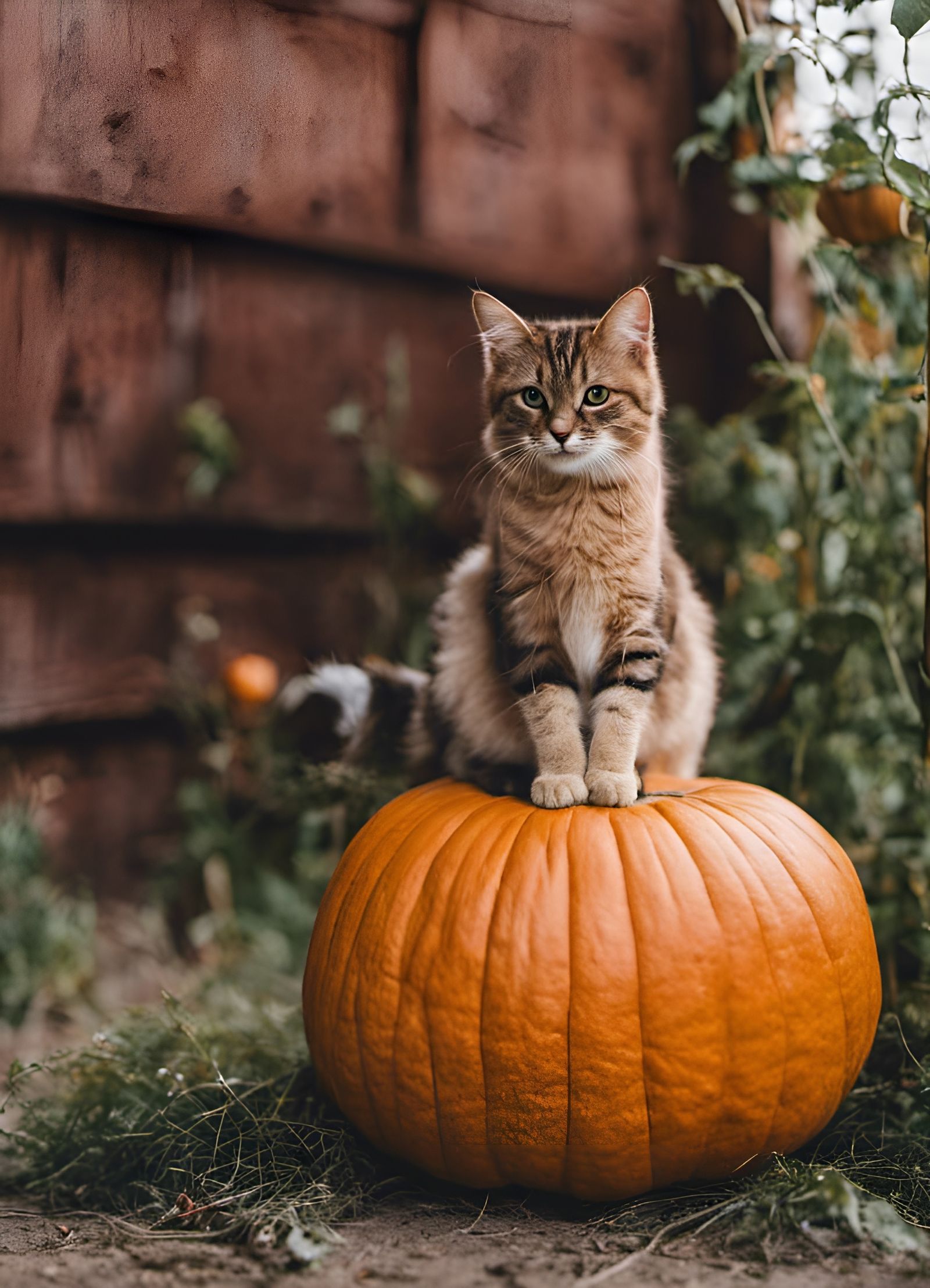 Cat Comfortably Seated on a Pumpkin