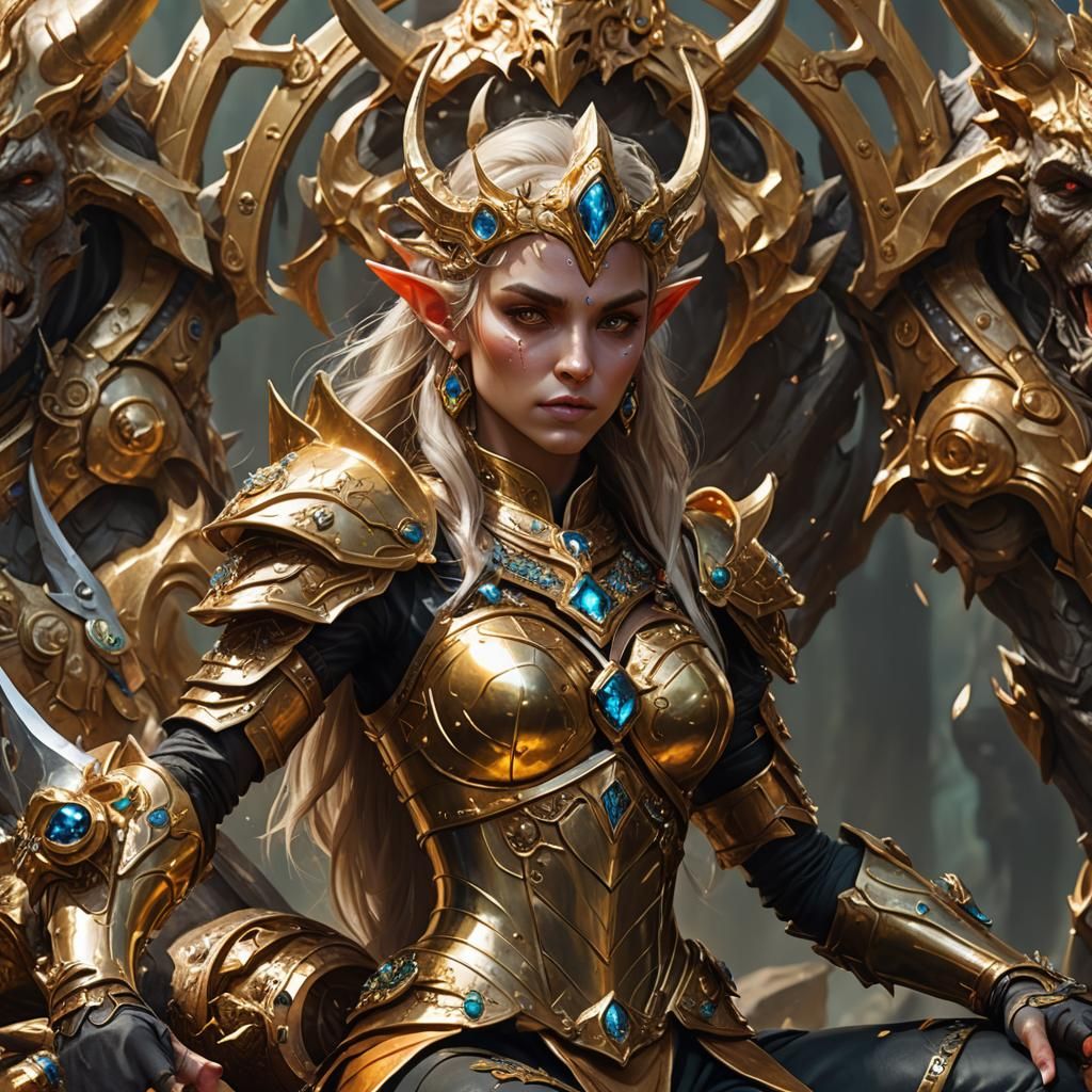 Regal Elf Queen on Troll Head: Fantasy Illustration