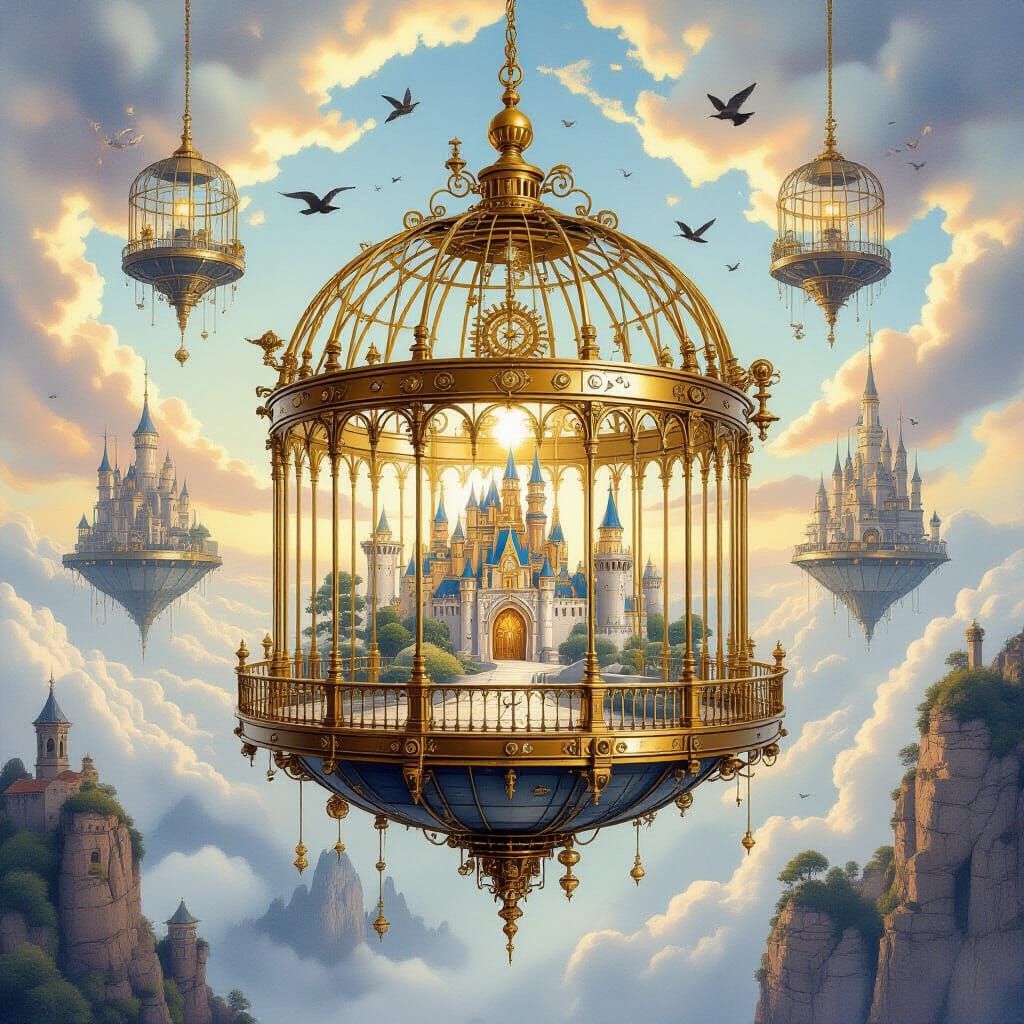 Surreal Steampunk Cage on Floating Island