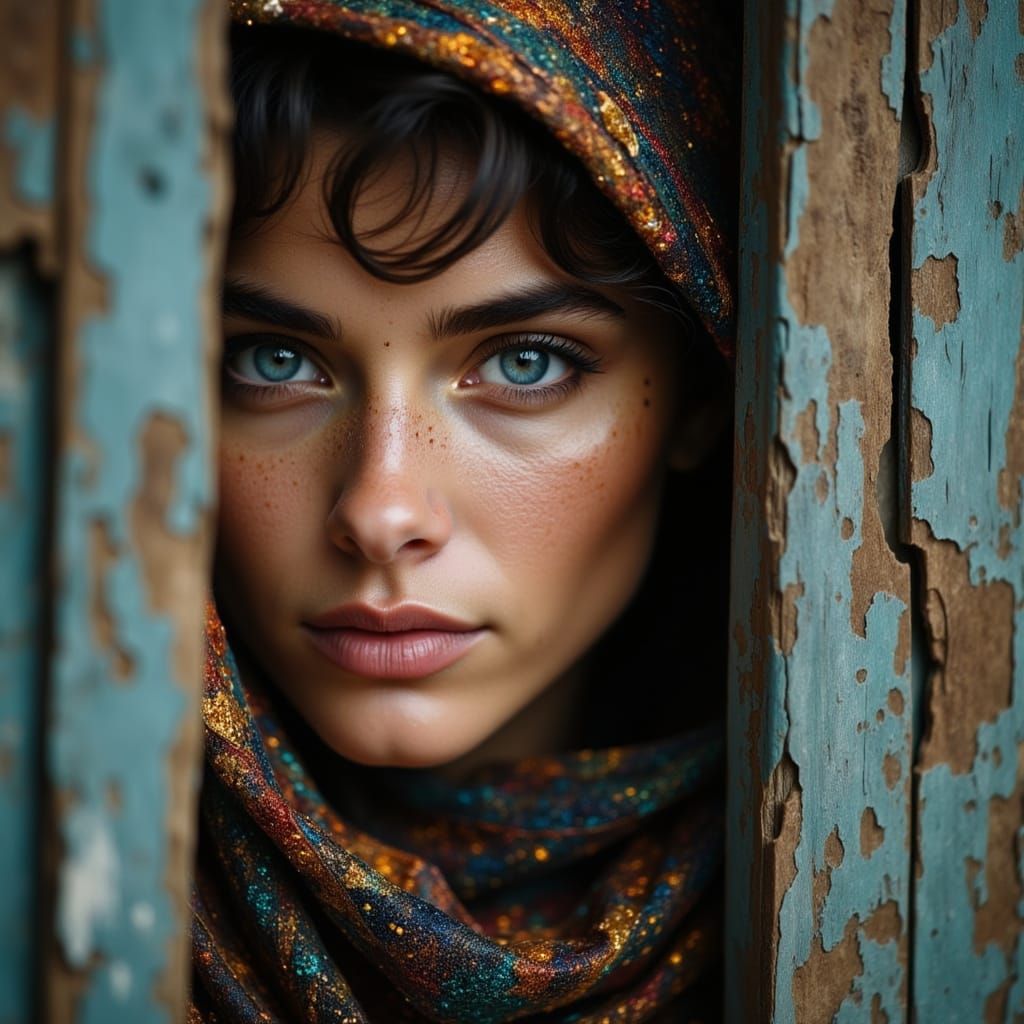 Young Woman Peering From Behind Wooden Boards With Blue Eyes