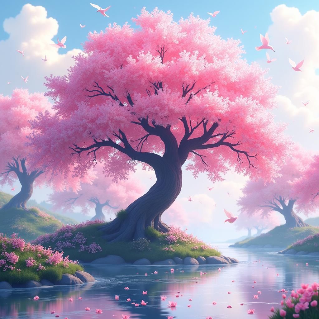 Anime Cherry Blossom Tree in Abstract Vector Style