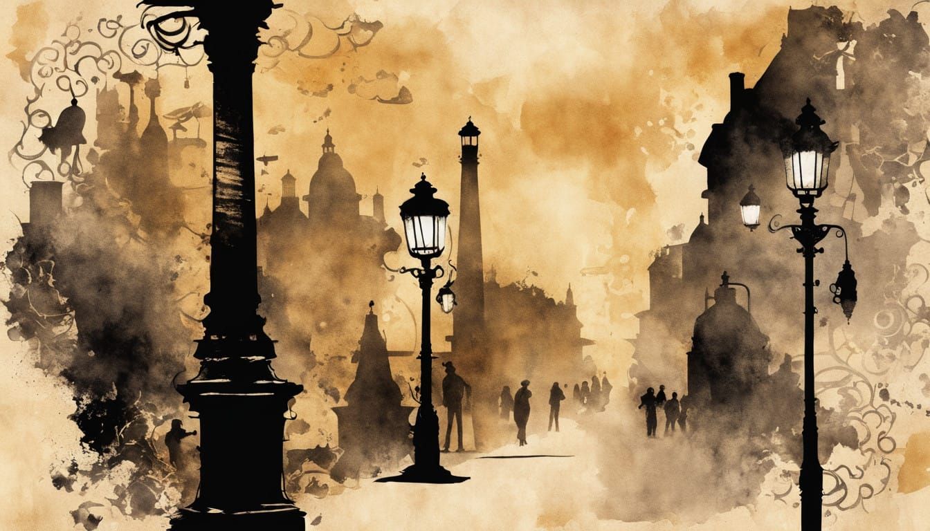 Steampunk Figure Basks in the Glow of Vintage Street Lantern...