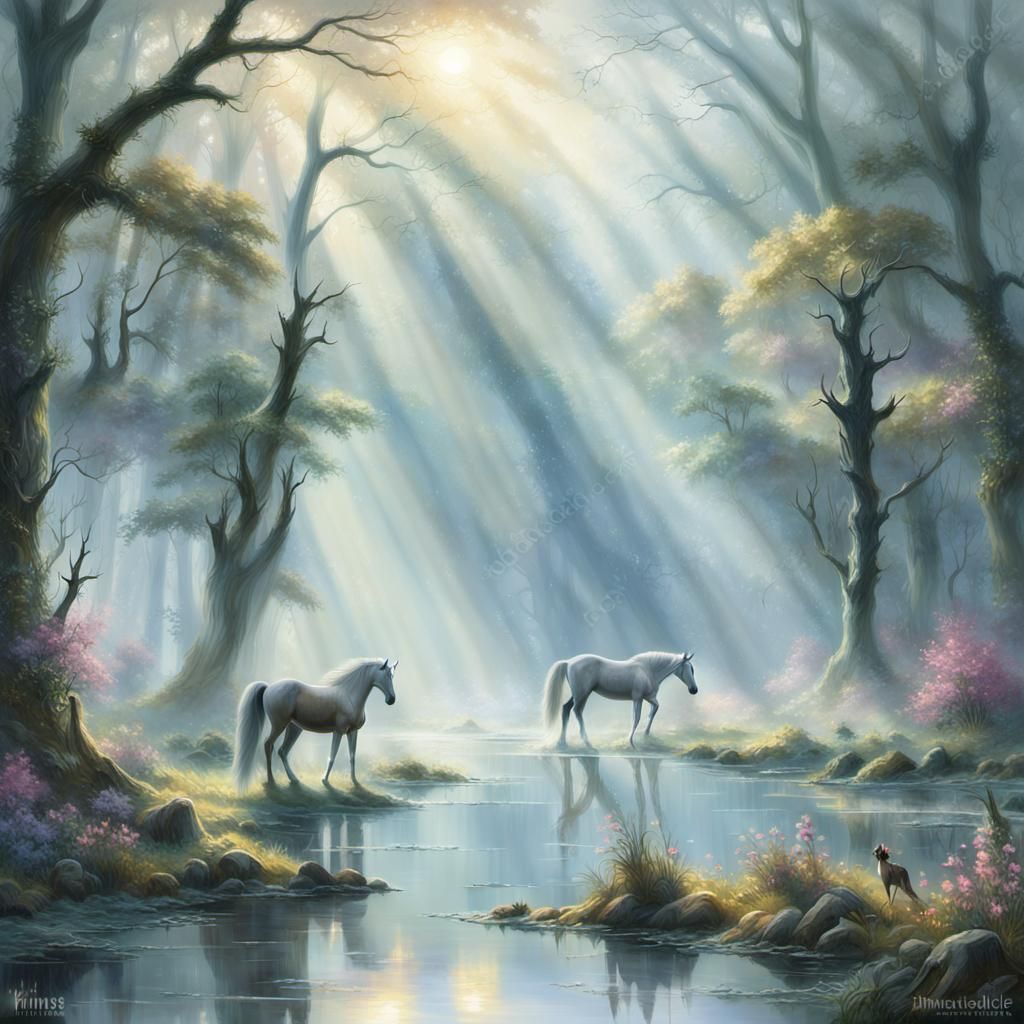 Ethereal Stallion and Fairies in Misty Swamp