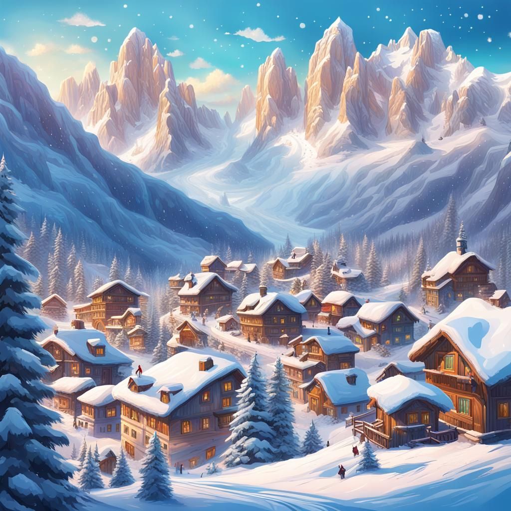 Skiing Cat in Winter Dolomites, Candy Art Style