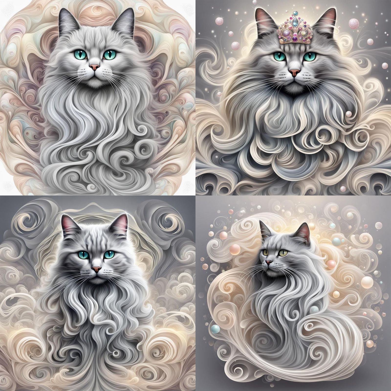Gray Cat in Gown on Candy Cloud, Vector Fractal